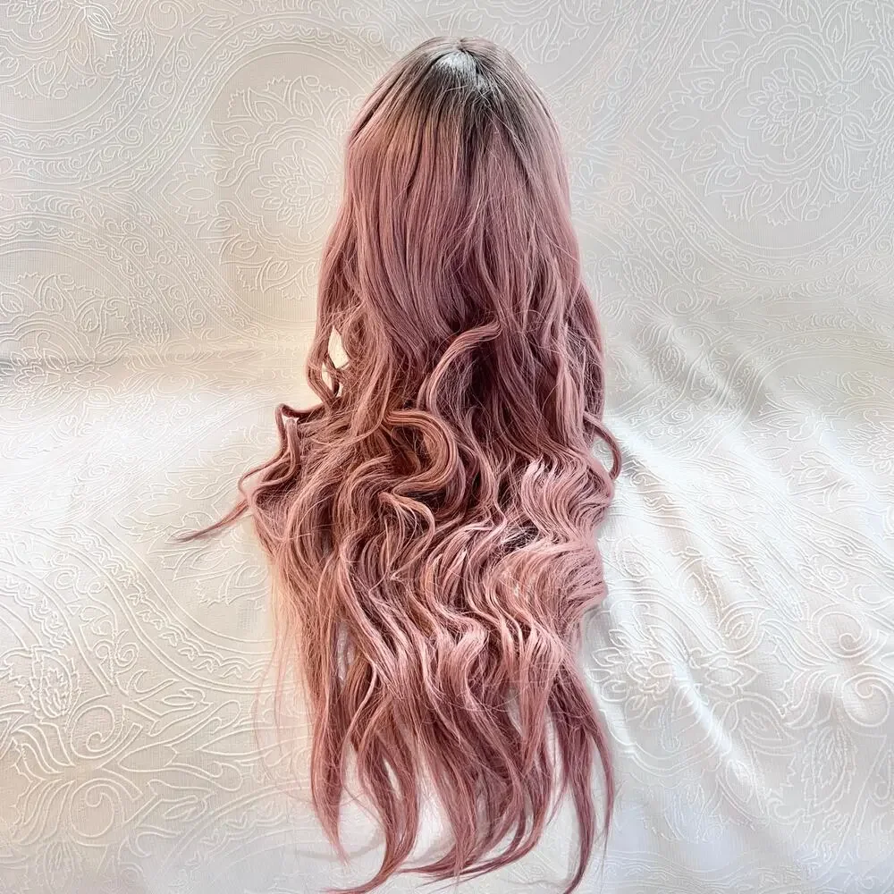 Long Wavy Rose Pink Dark Roots Ombre Balayage Everyday Cosplay Wig NEW